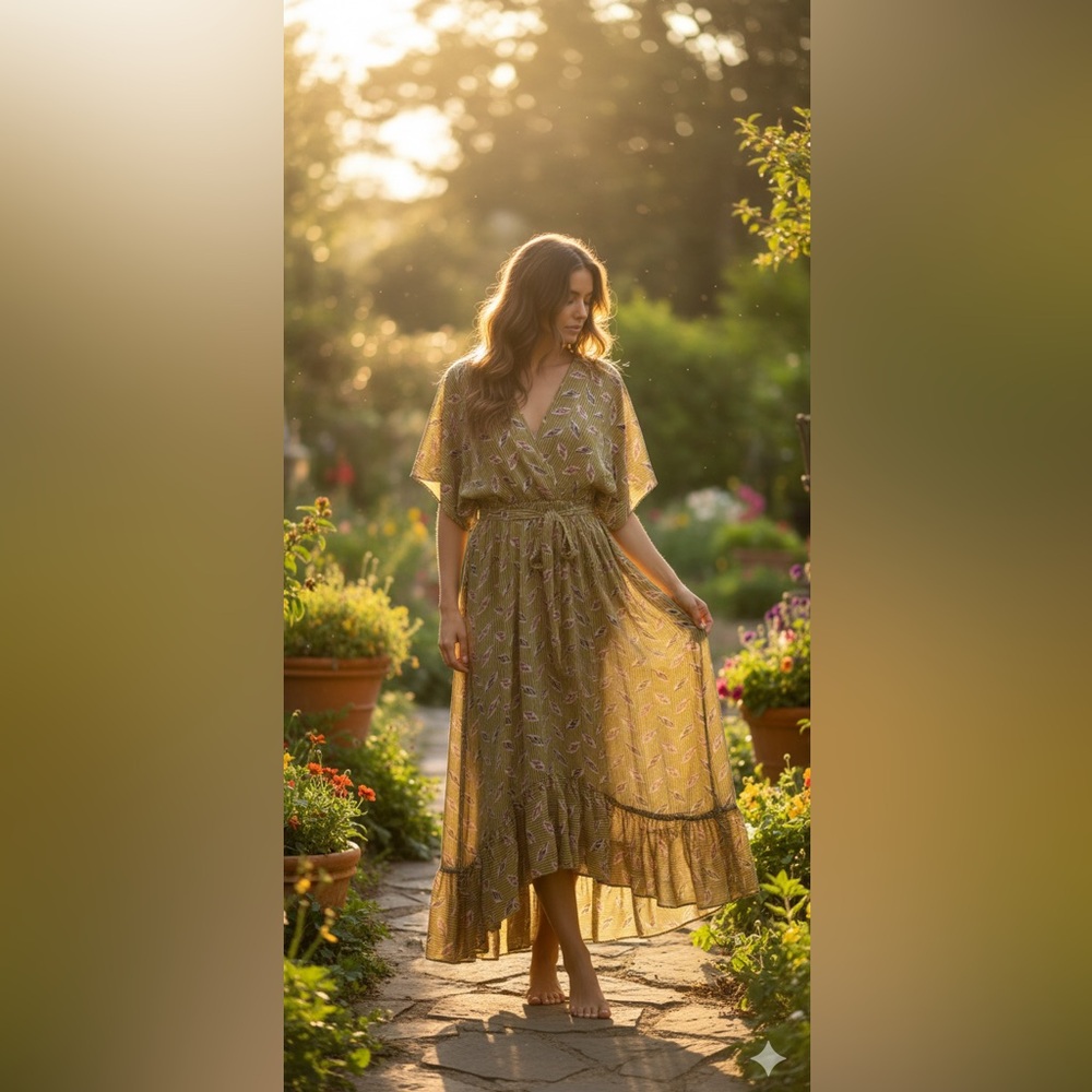 Kilky Paris Leaf Print Maxi Dress – One Size TU (Fits S–L) Boho Revival